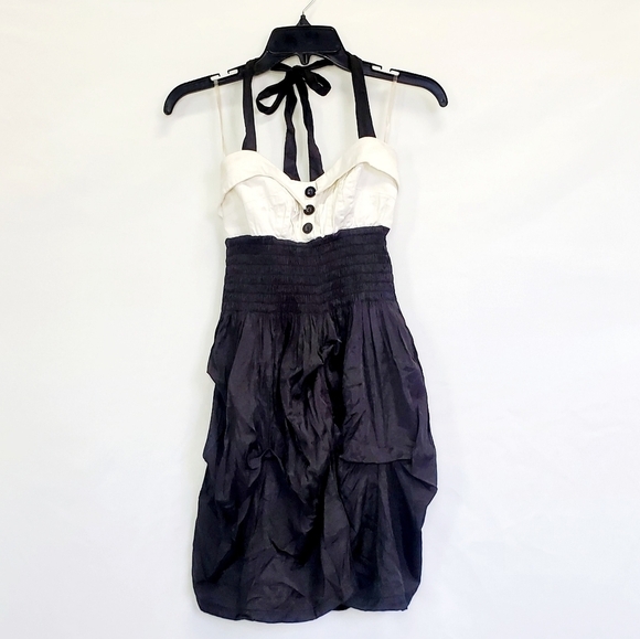 Forever 21 White & Black Colorblock Ruched Hem Halter Dress - Picture 2 of 5